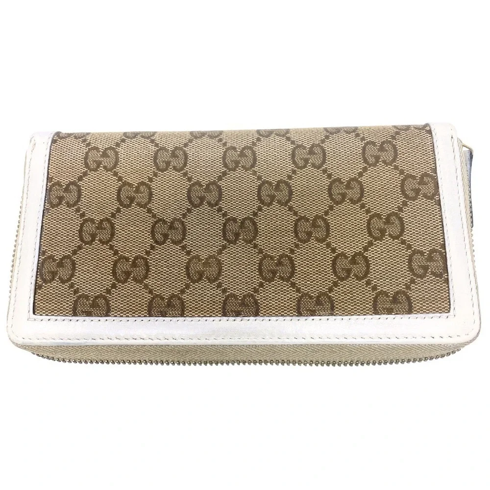 Gucci Wallet Long Continental Card White Leather GG Monogram Brown Zip Around - Picture 2 of 8